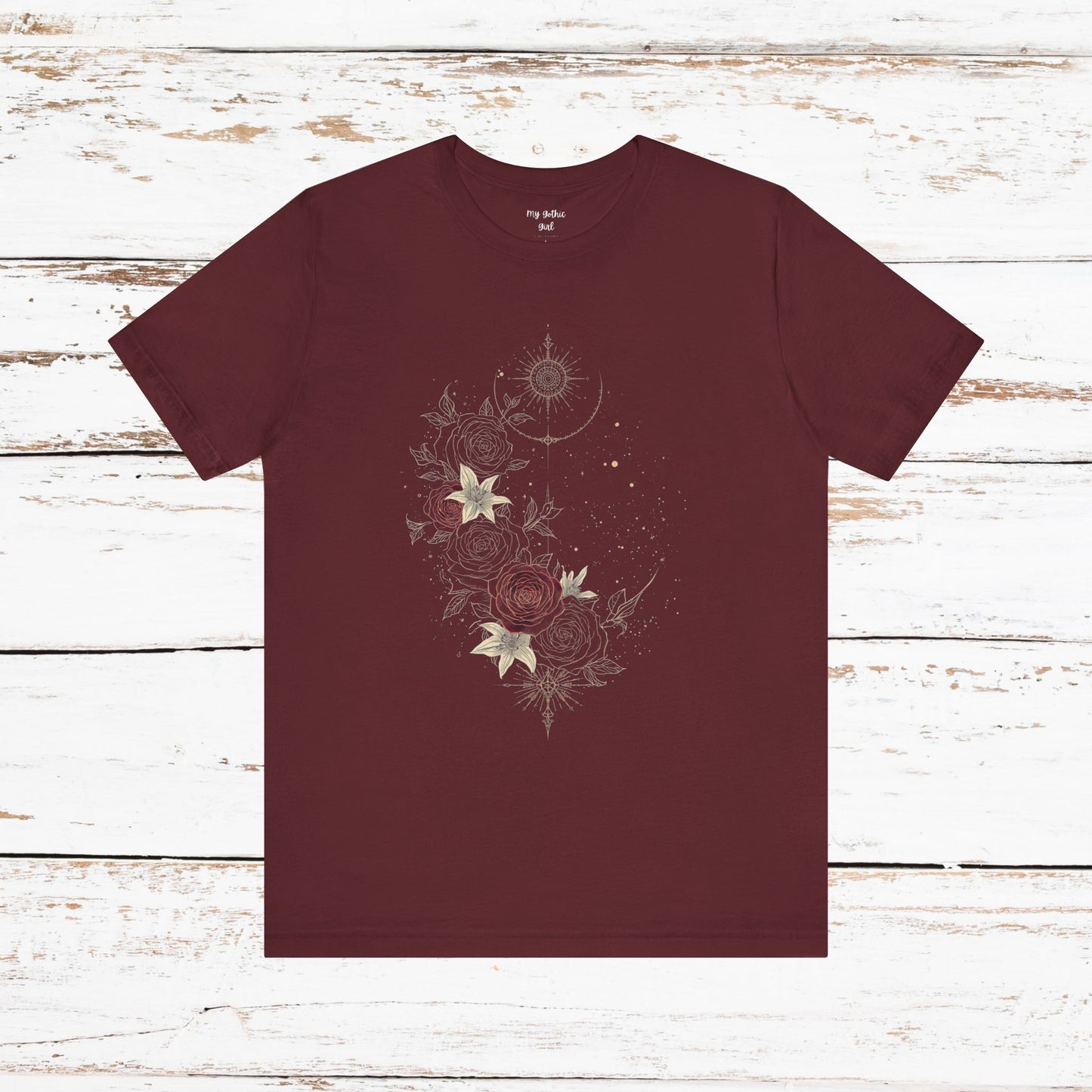 “Dark Floral Moon & Ornamental Geometry” T-Shirt Dark Floral Moon Ornamental Geometry Unisex Jersey Short Sleeve Tee