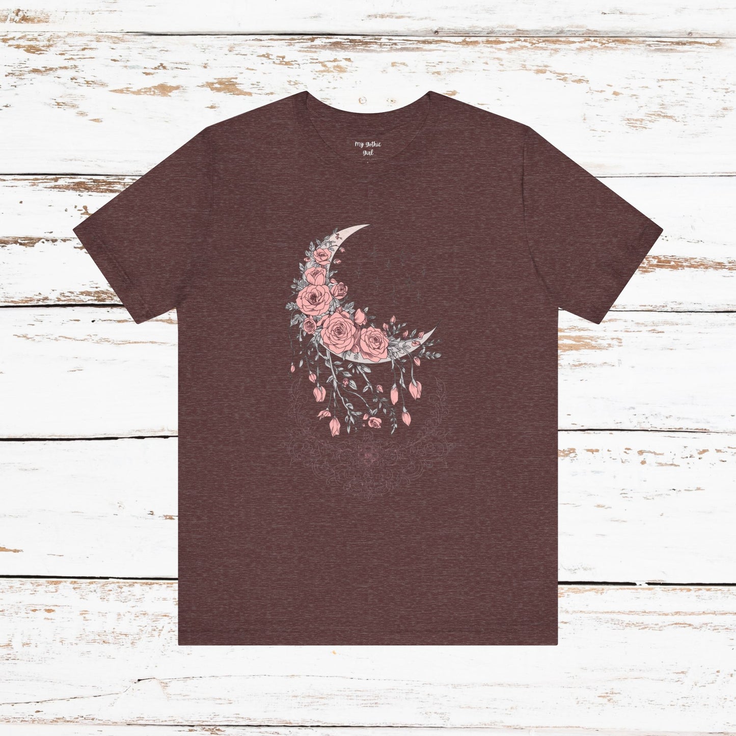 Celestial Goth Crescent Moon Tee with Dripping Florals – Mystic Graphic Art