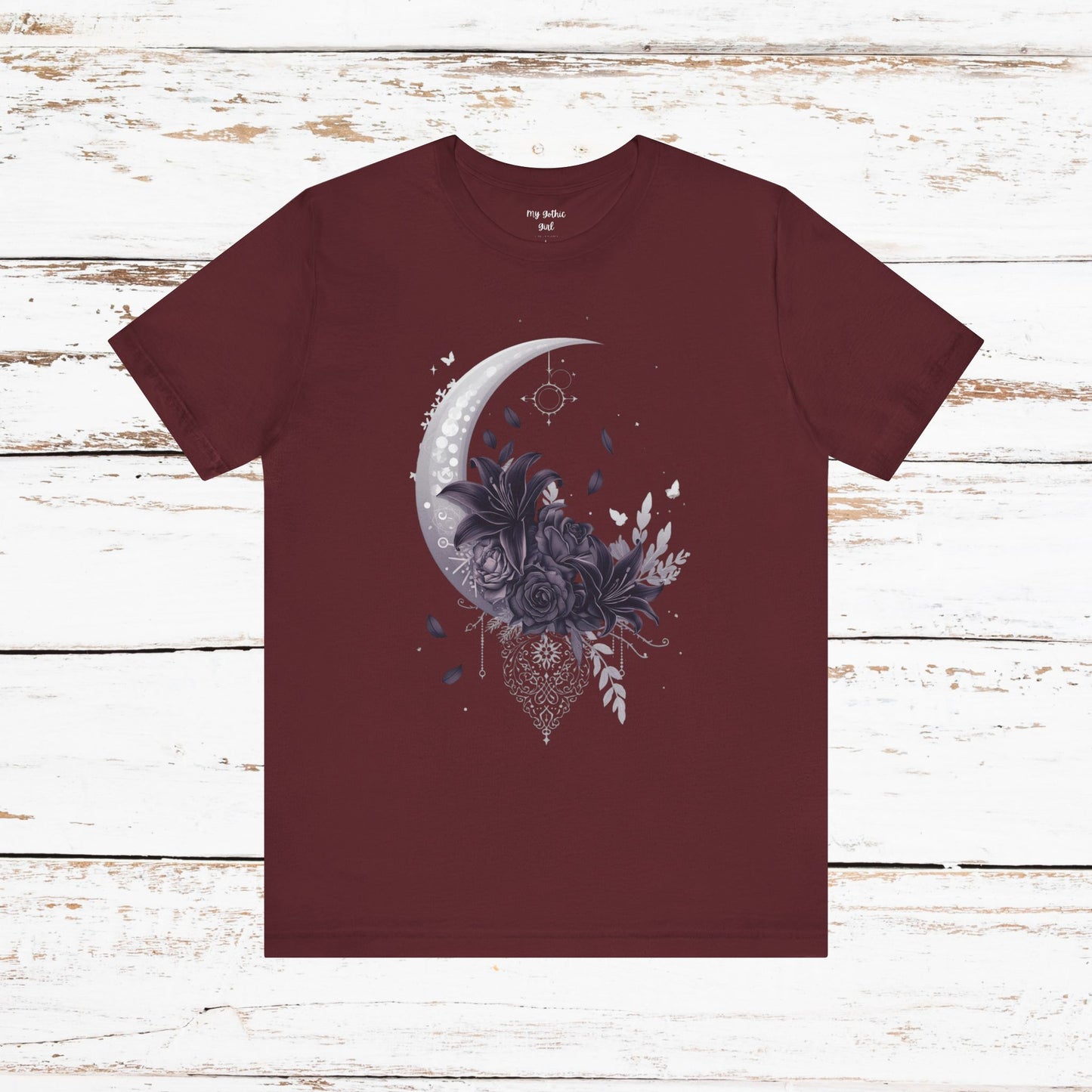 “Moonlit Bouquet & Sacred Soft Goth Symbol” Moonlit Bouquet Unisex Tee - Soft Goth Symbol Floral Design