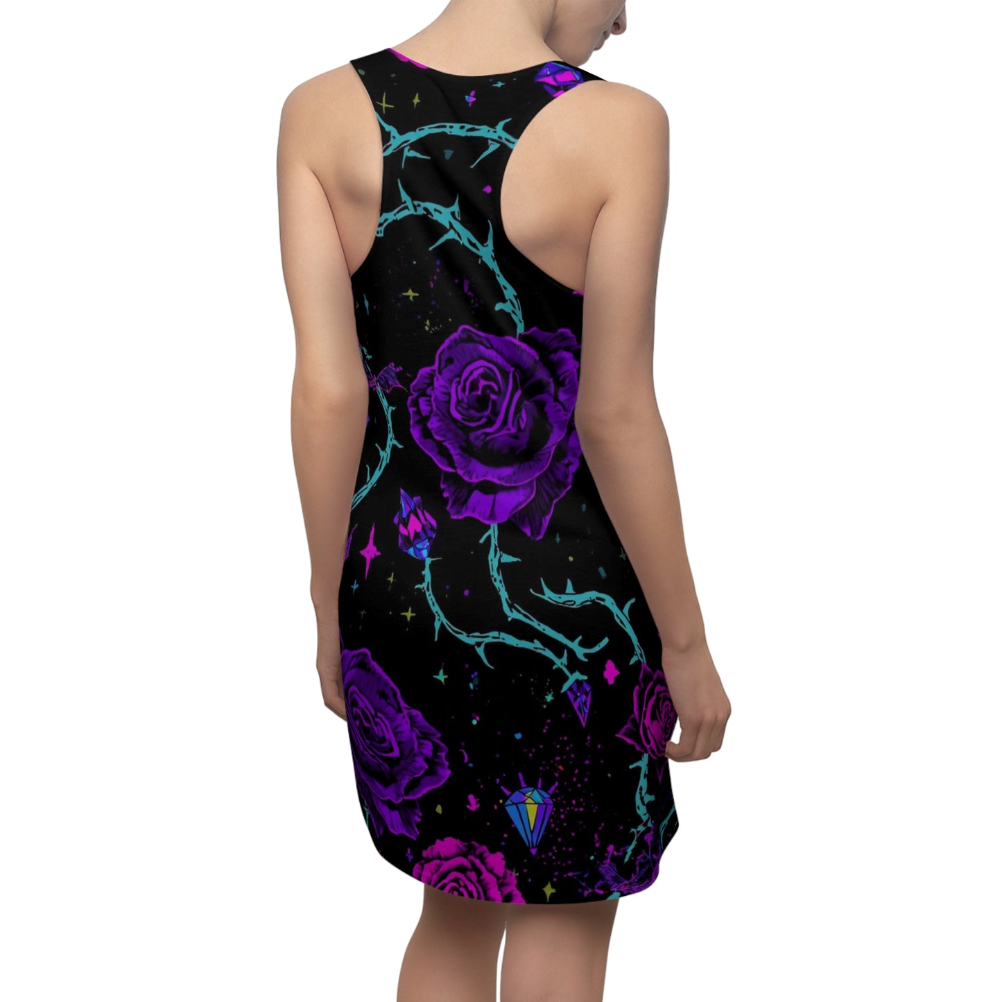 Purple Neon Rose Racerback Dress — Gothic Floral AOP Dress