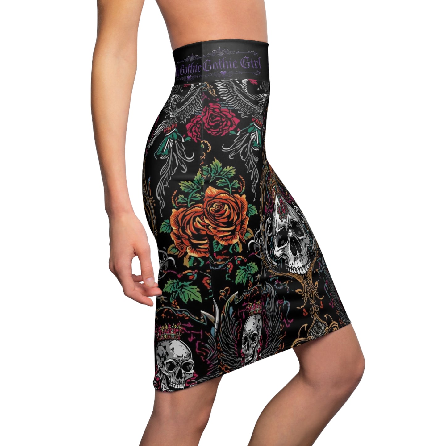 Gothic Skull Crown Pencil Skirt — 'My Gothic Girl' Dark Floral Skull Print