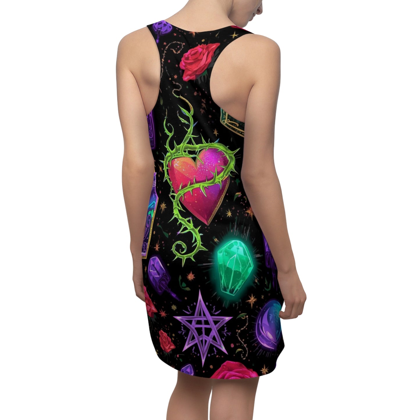 Mystic Heart Racerback Dress — Neon Witchy Potion & Crystal Print