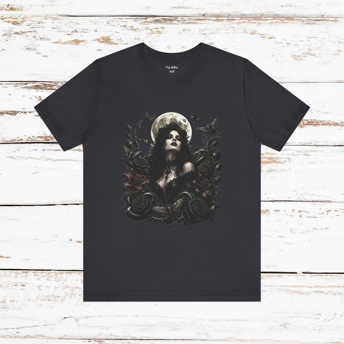 Gothic Moon Goddess Tee – Dark Floral Occult Graphic T-Shirt