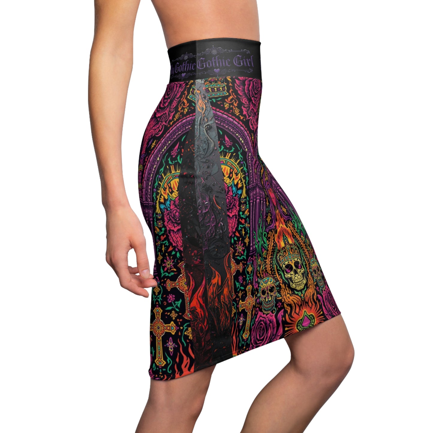 Gothic Skull & Roses Pencil Skirt — 'My Gothic Girl' All-Over Print