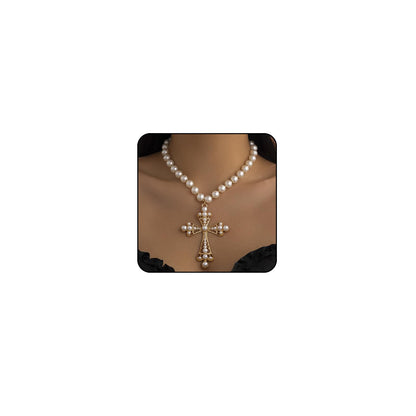 ONBRIG Pearl Cross Necklace Big Cross Pendants Necklaces for Women Chunky Pearl Necklace Gothic Cross Necklace Punk Vintage Cross Jewelry Women (Gold) GoldSilver