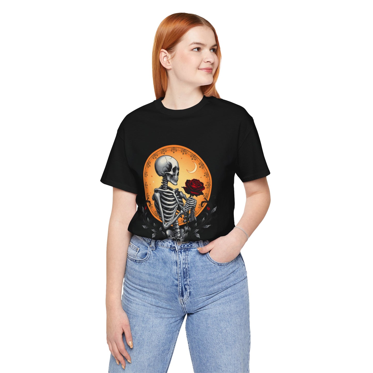 Mystical Gothic Skeleton and Black Rose Under Crescent Moon T-Shirt Design