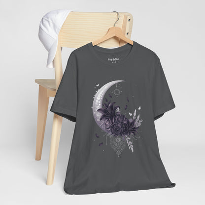 “Moonlit Bouquet & Sacred Soft Goth Symbol” Moonlit Bouquet Unisex Tee - Soft Goth Symbol Floral Design