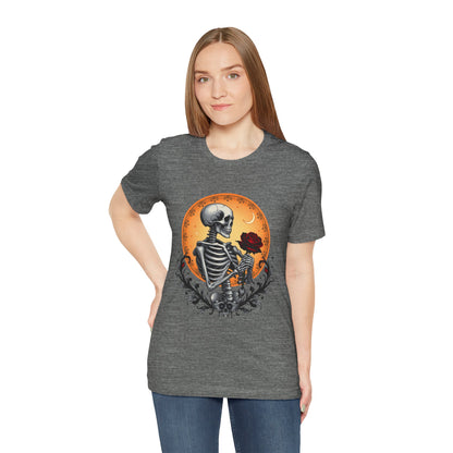 Mystical Gothic Skeleton and Black Rose Under Crescent Moon T-Shirt Design
