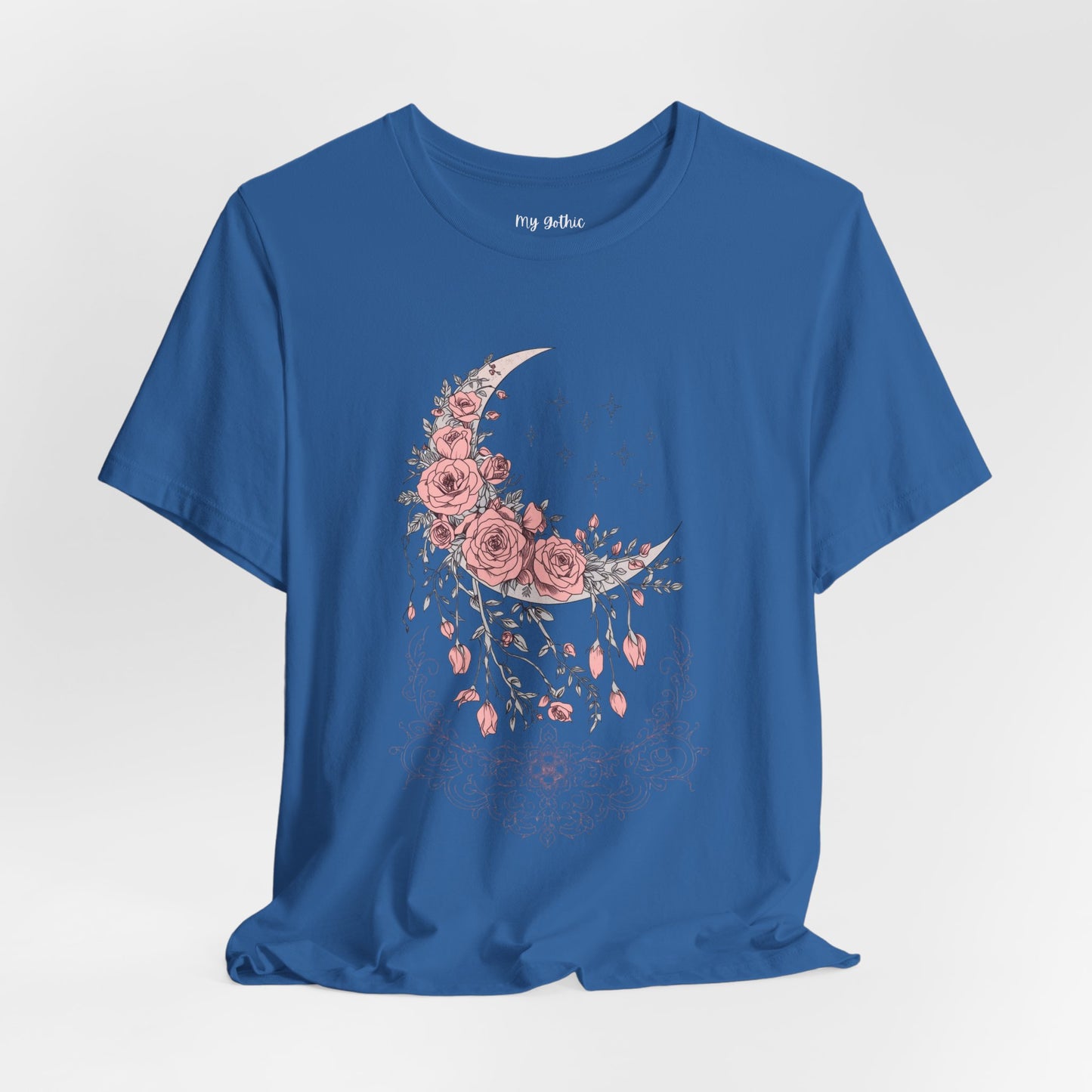 Celestial Goth Crescent Moon Tee with Dripping Florals – Mystic Graphic Art