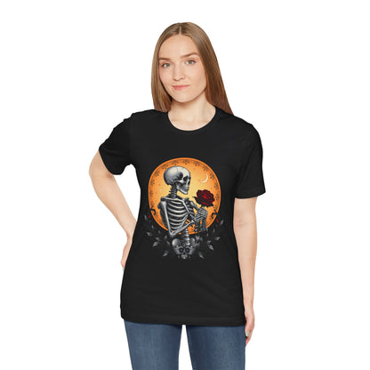 Mystical Gothic Skeleton and Black Rose Under Crescent Moon T-Shirt Design