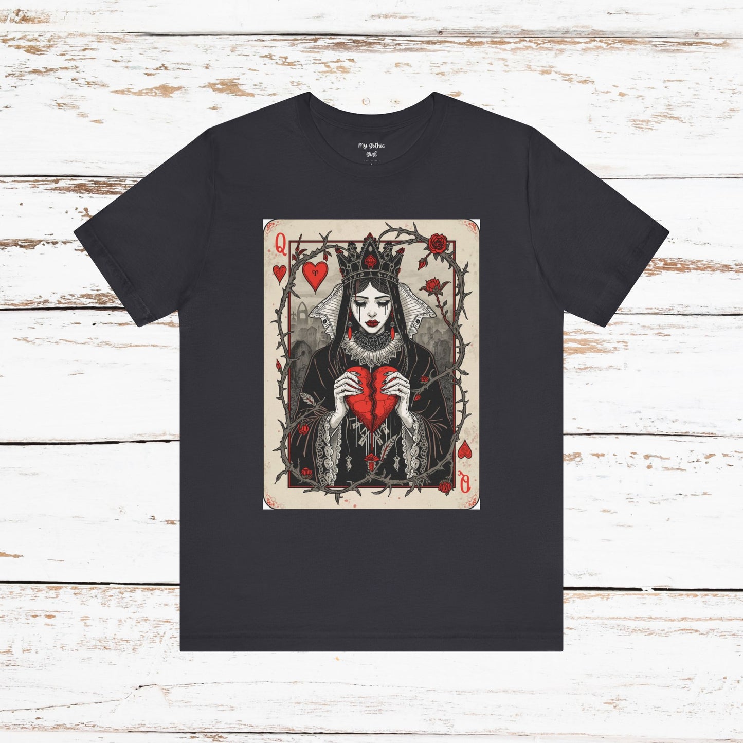 Queen of Hearts Playing Card T-Shirt — Gothic Rose Broken Heart Graphic Tee