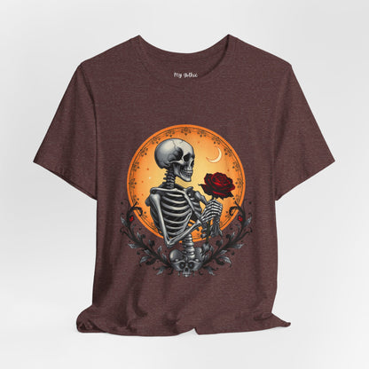 Mystical Gothic Skeleton and Black Rose Under Crescent Moon T-Shirt Design