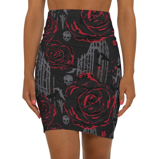 Gothic Red Rose Pencil Skirt — Skull & Gate Floral Midi