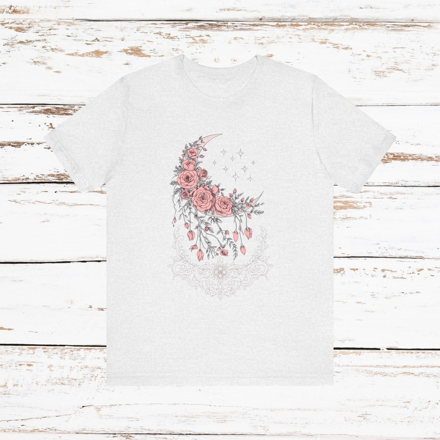 Celestial Goth Crescent Moon Tee with Dripping Florals – Mystic Graphic Art