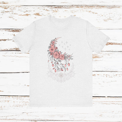 Celestial Goth Crescent Moon Tee with Dripping Florals – Mystic Graphic Art