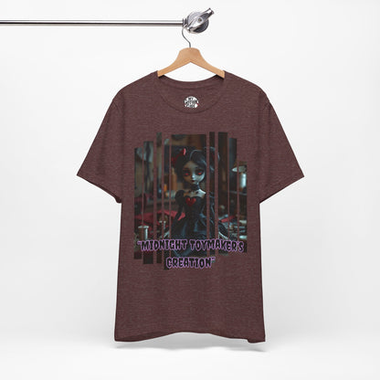 “Midnight Toy-maker's Creation” —hand-stitched Gothic doll Graphic T-Shirt – Alt Aesthetic Poetic Goth Street-wear