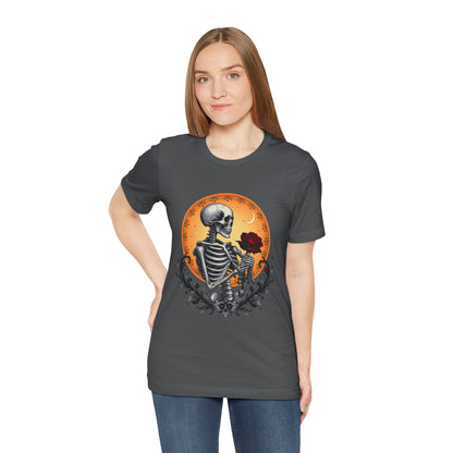 Mystical Gothic Skeleton and Black Rose Under Crescent Moon T-Shirt Design