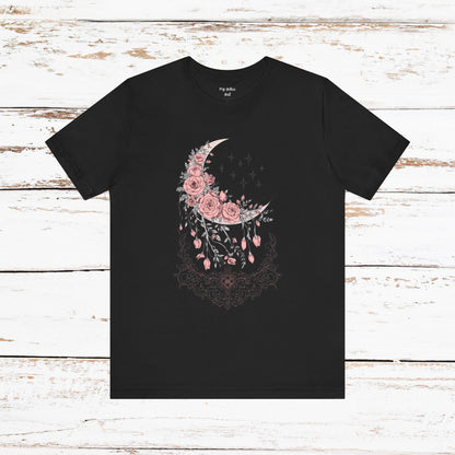 Celestial Goth Crescent Moon Tee with Dripping Florals – Mystic Graphic Art