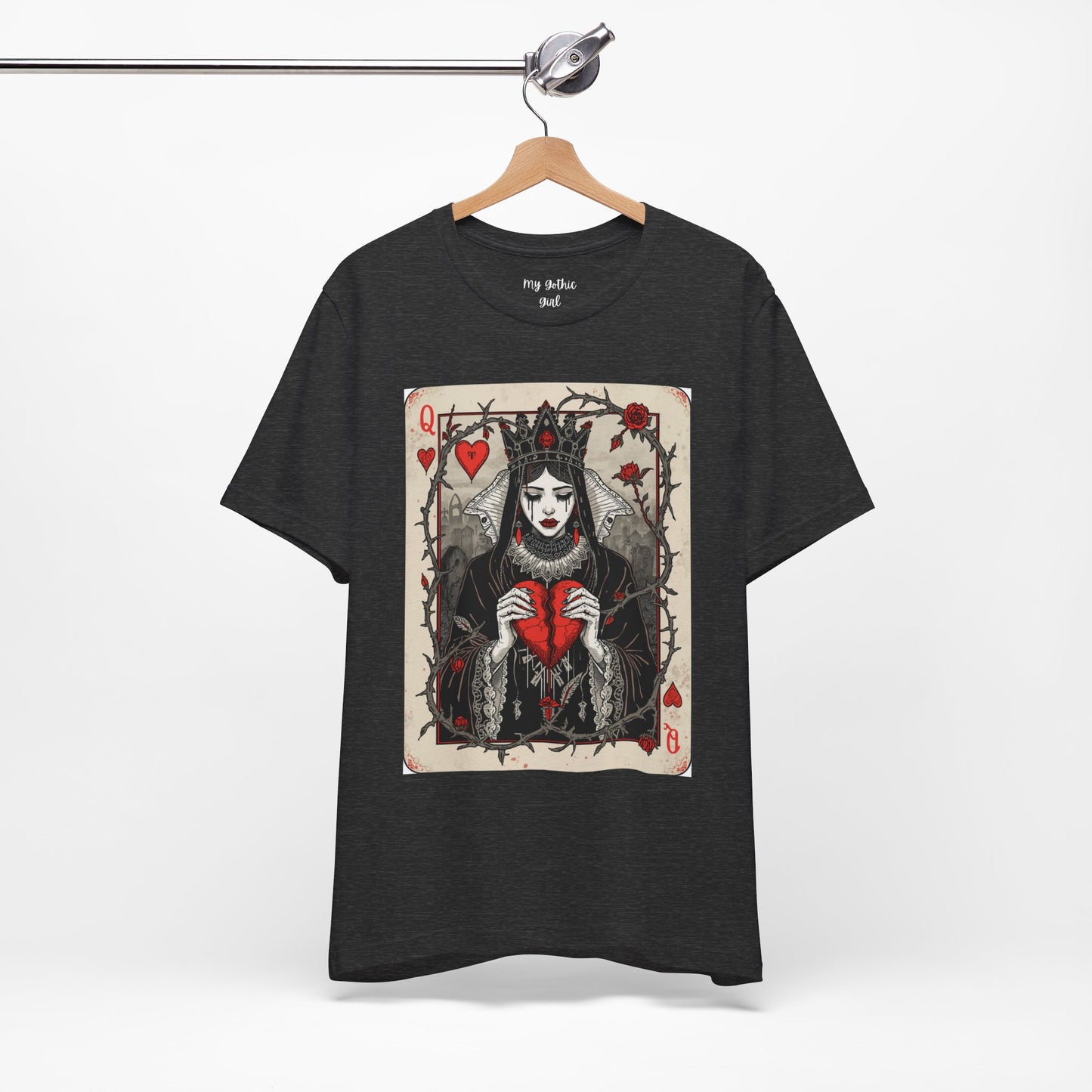 Queen of Hearts Playing Card T-Shirt — Gothic Rose Broken Heart Graphic Tee