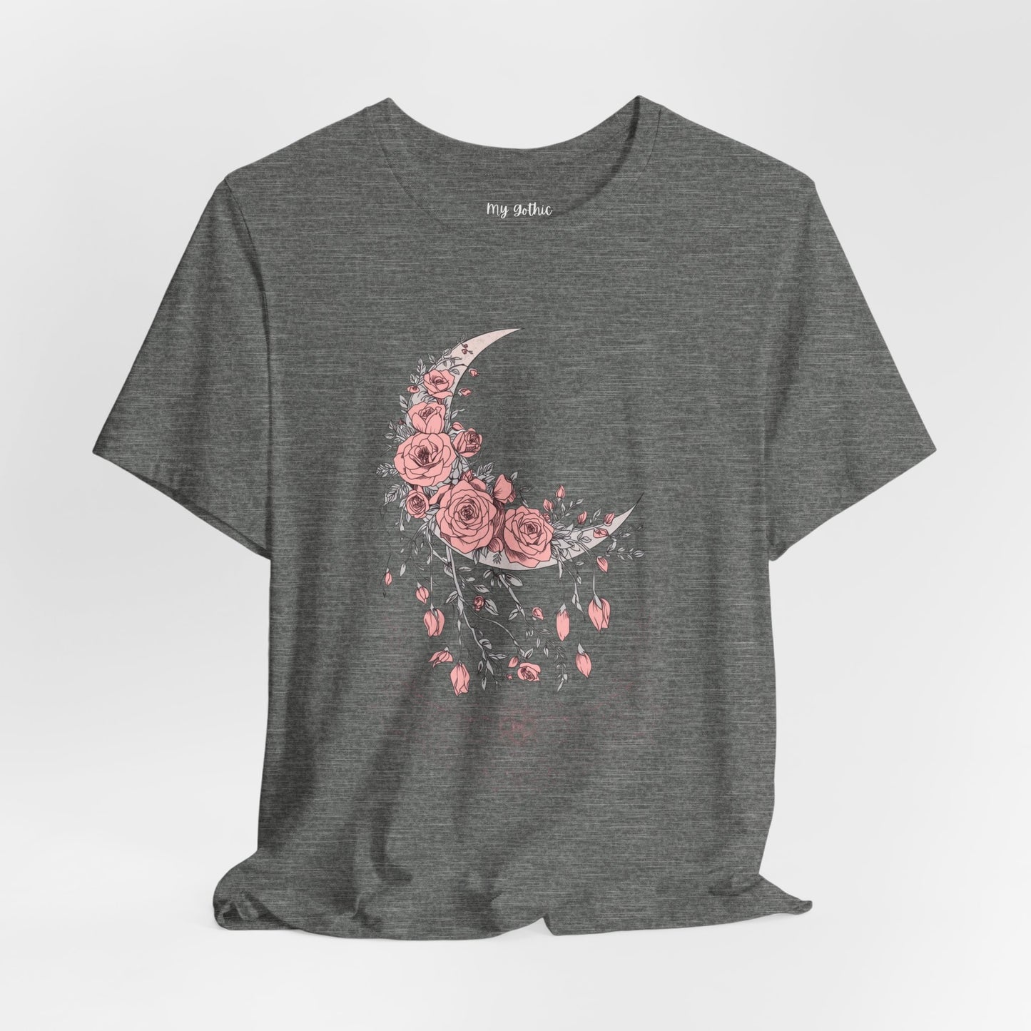 Celestial Goth Crescent Moon Tee with Dripping Florals – Mystic Graphic Art