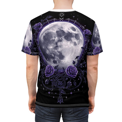 Purple Moon & Roses Tee — Gothic Floral Moonlight All-Over Print Shirt