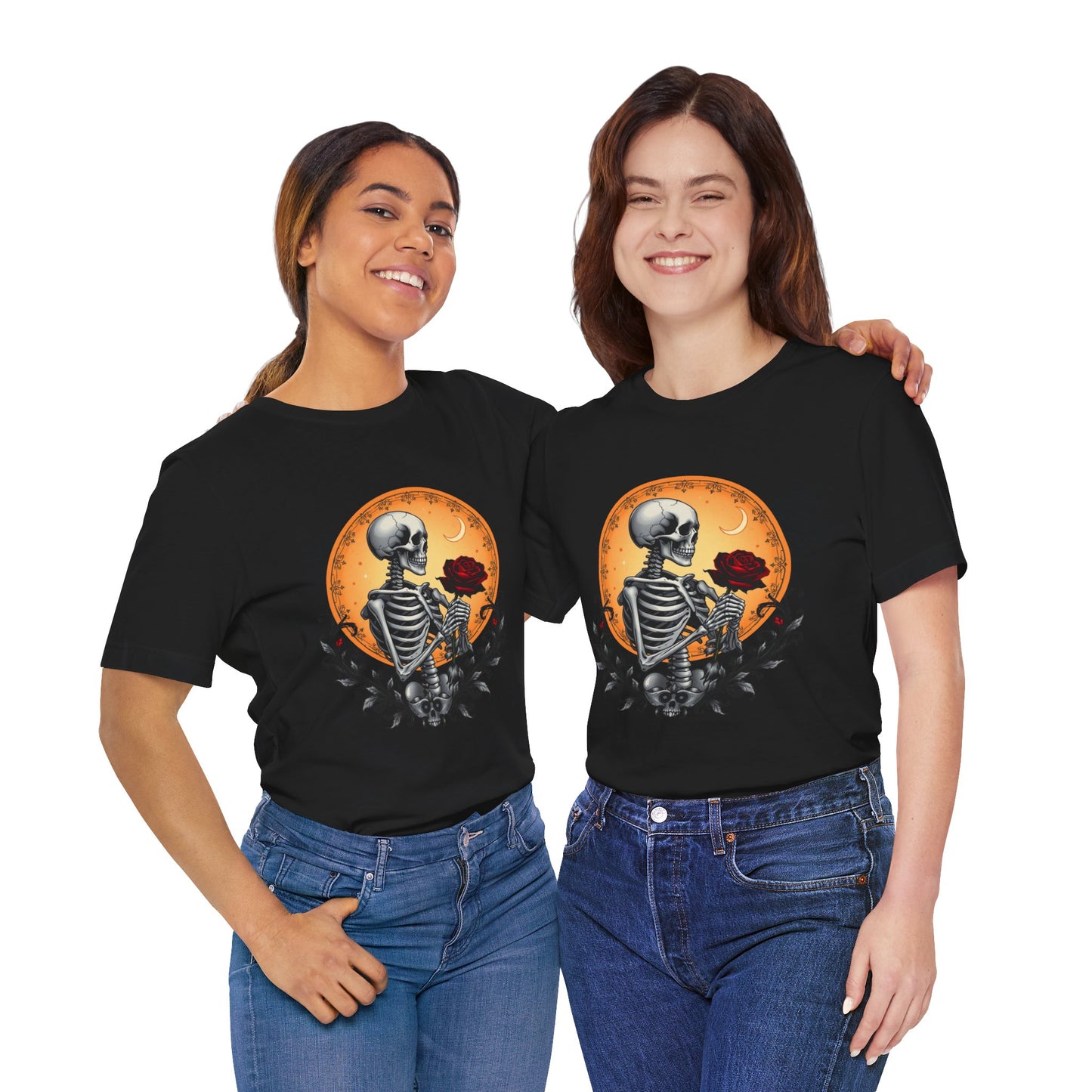 Mystical Gothic Skeleton and Black Rose Under Crescent Moon T-Shirt Design