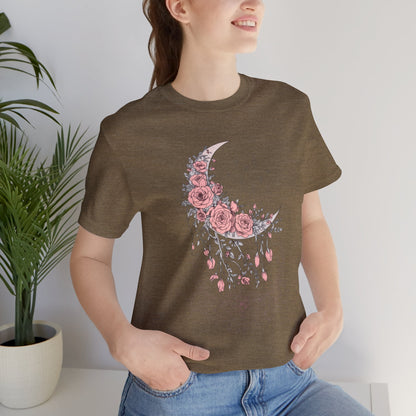 Celestial Goth Crescent Moon Tee with Dripping Florals – Mystic Graphic Art