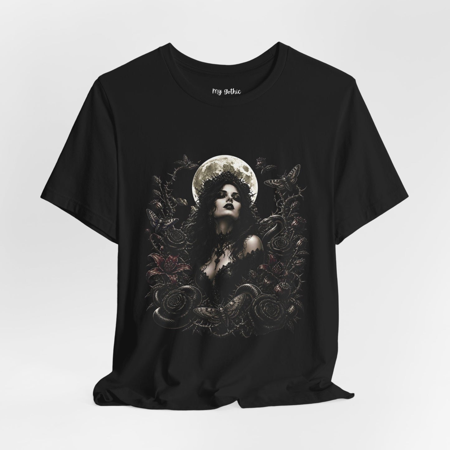 Gothic Moon Goddess Tee – Dark Floral Occult Graphic T-Shirt