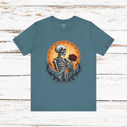 Mystical Gothic Skeleton and Black Rose Under Crescent Moon T-Shirt Design