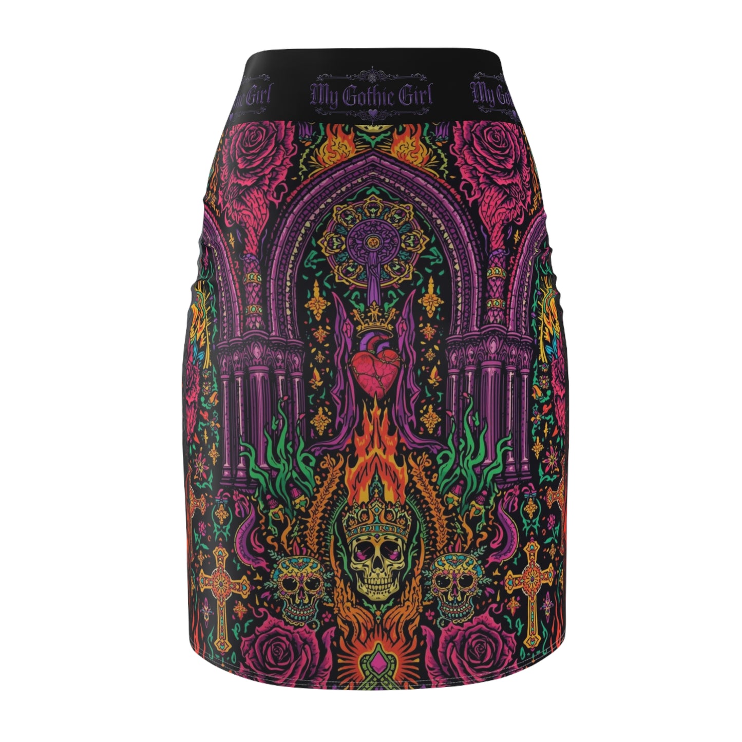 Gothic Skull & Roses Pencil Skirt — 'My Gothic Girl' All-Over Print
