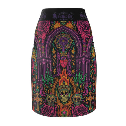 Gothic Skull & Roses Pencil Skirt — 'My Gothic Girl' All-Over Print