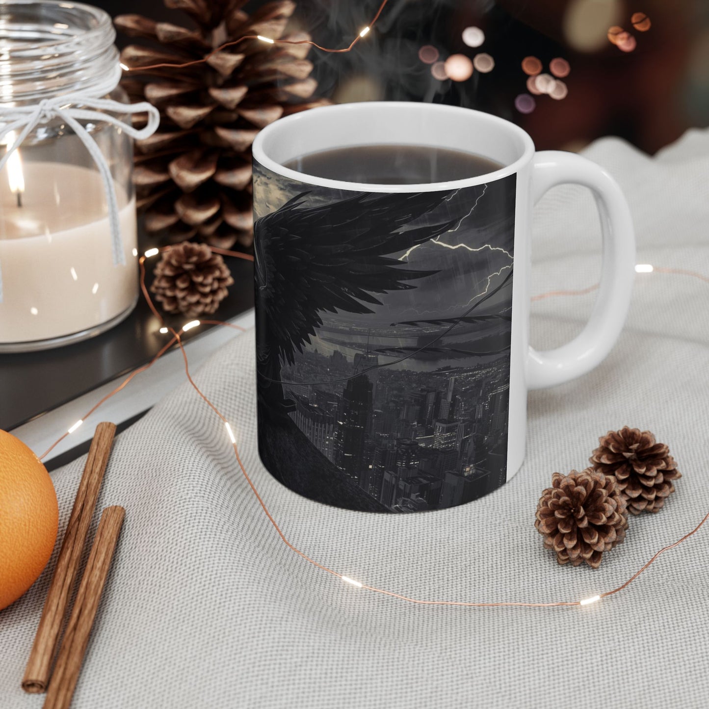 Gothic Angel Ceramic Mug — Moody Cityscape Memorial Coffee Cup (11oz/15oz)
