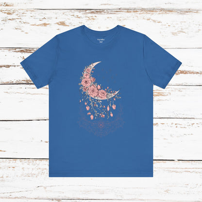 Celestial Goth Crescent Moon Tee with Dripping Florals – Mystic Graphic Art