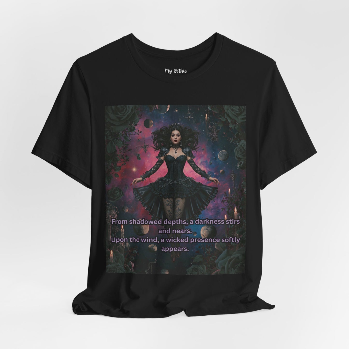 Gothic Sorceress Tee — "From shadowed depths..." Dark Fantasy Graphic T-Shirt