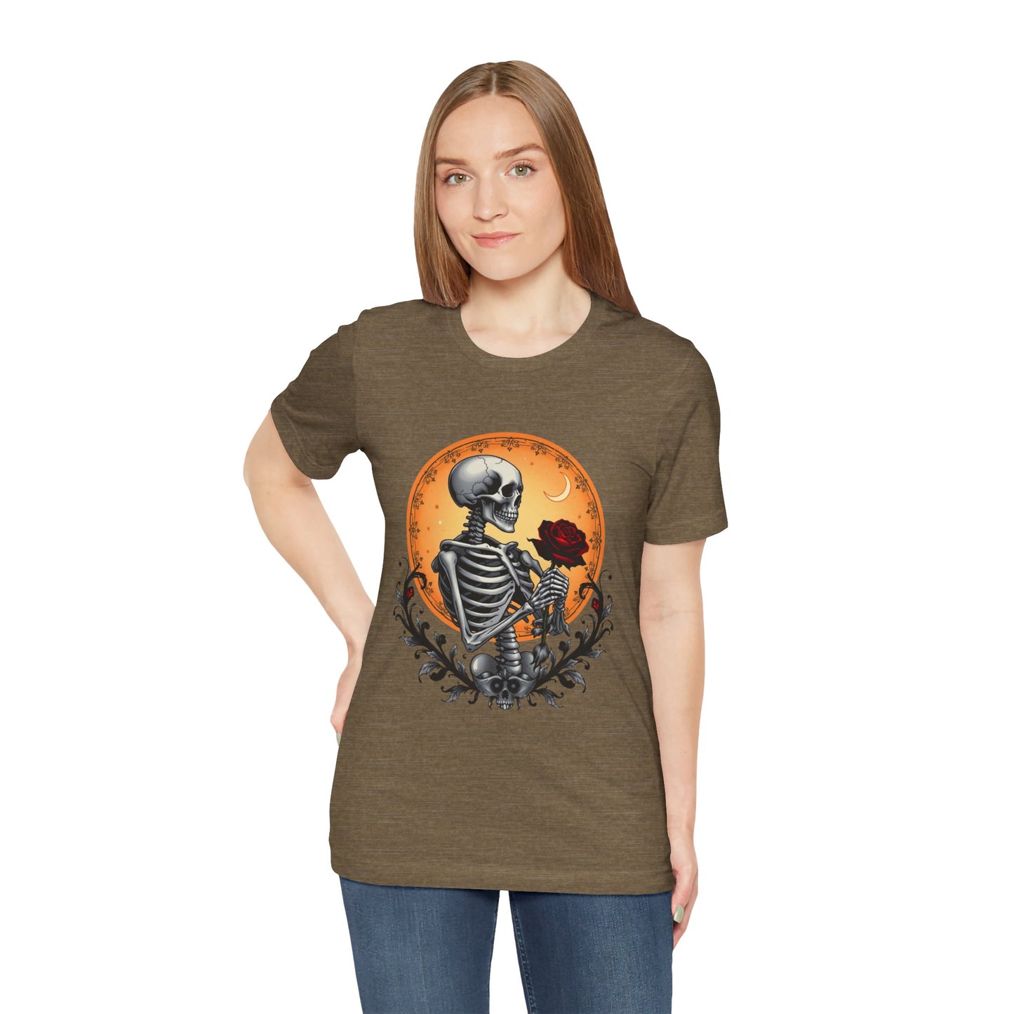 Mystical Gothic Skeleton and Black Rose Under Crescent Moon T-Shirt Design