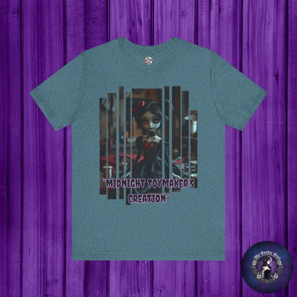 “Midnight Toy-maker's Creation” —hand-stitched Gothic doll Graphic T-Shirt – Alt Aesthetic Poetic Goth Street-wear