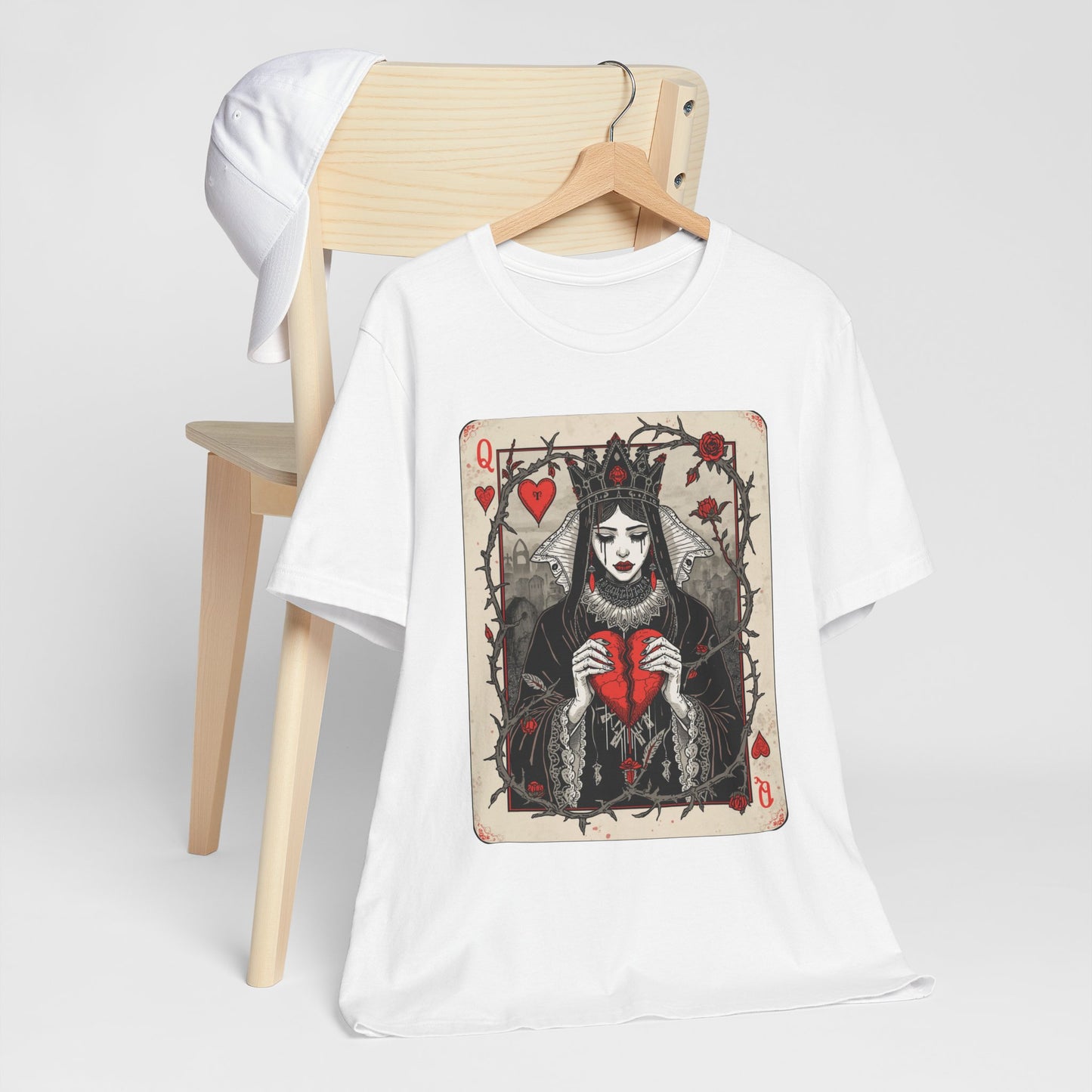 Queen of Hearts Playing Card T-Shirt — Gothic Rose Broken Heart Graphic Tee