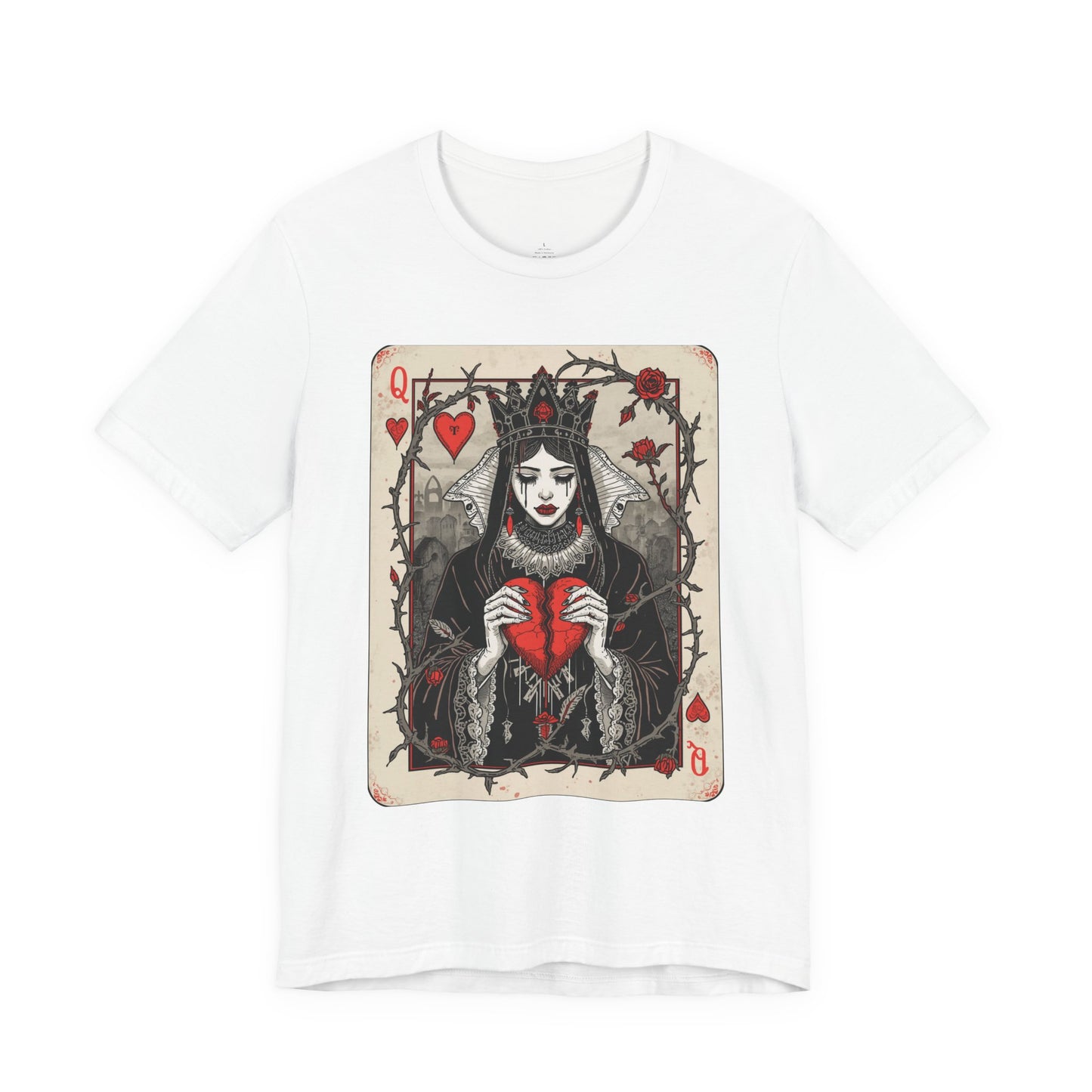 Queen of Hearts Playing Card T-Shirt — Gothic Rose Broken Heart Graphic Tee