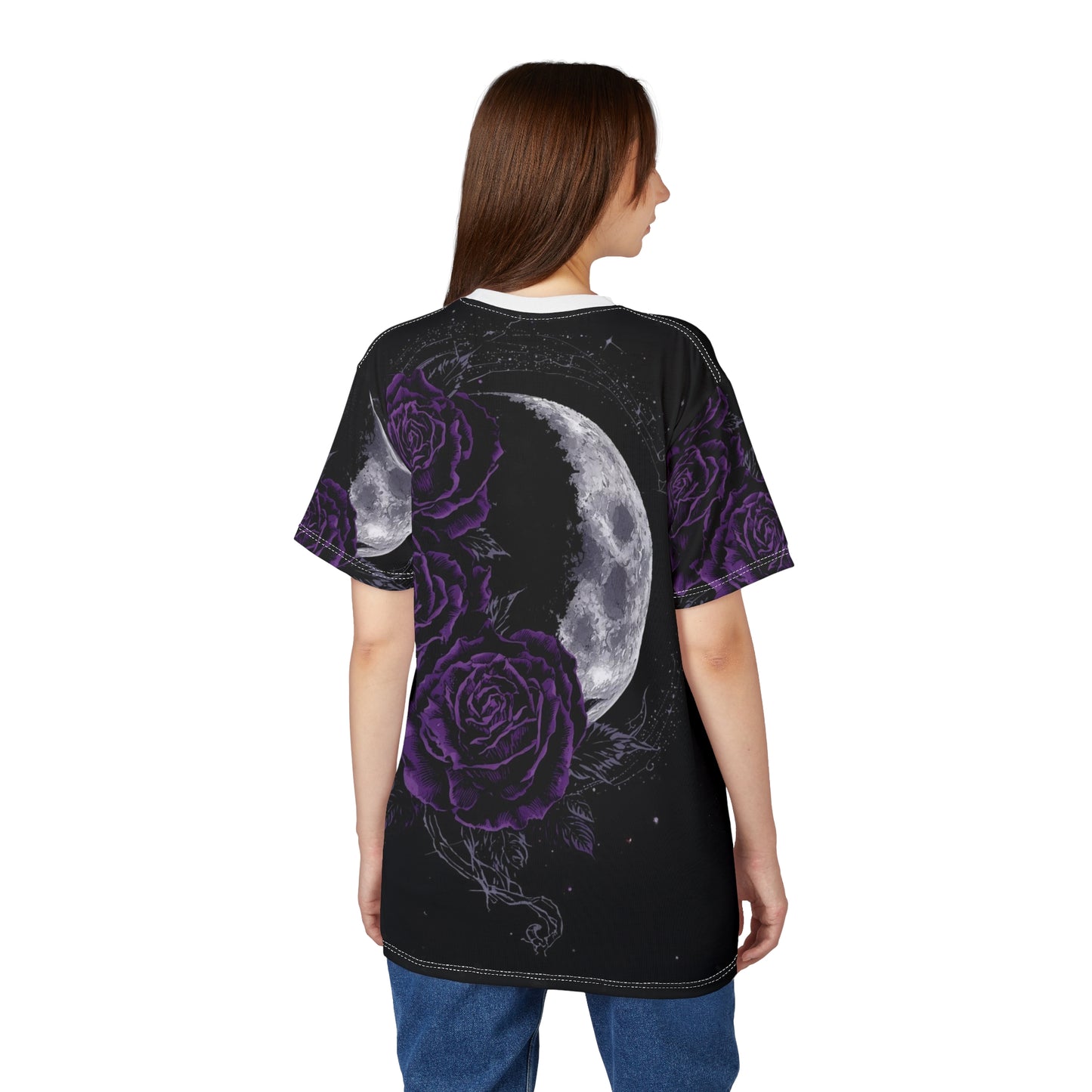 Purple Moon & Roses Tee — Gothic Floral Moonlight All-Over Print Shirt