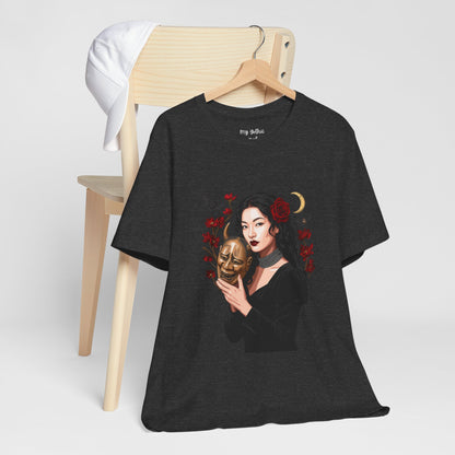 Gothic Rose Maiden Tee — Woman with Mask & Crescent Moon Graphic T-Shirt