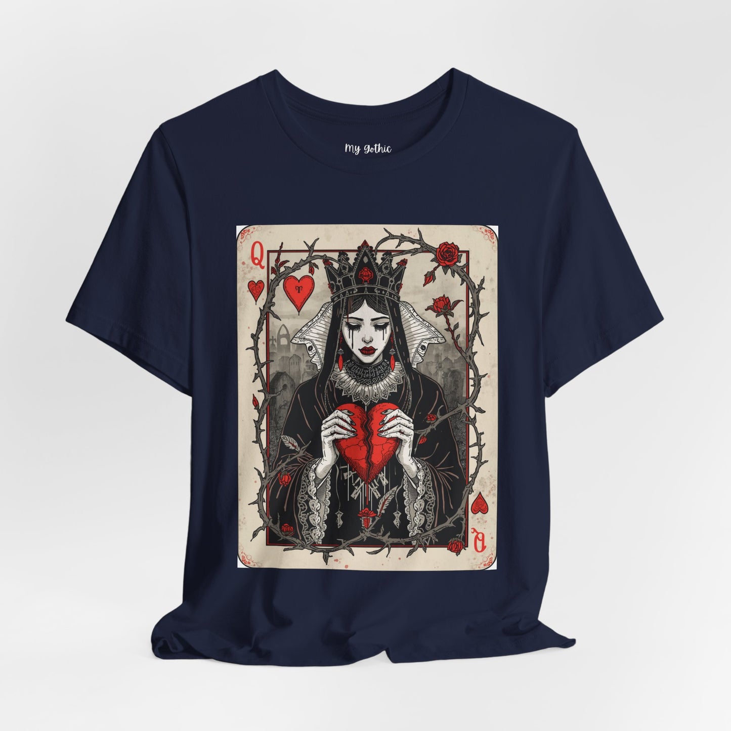 Queen of Hearts Playing Card T-Shirt — Gothic Rose Broken Heart Graphic Tee