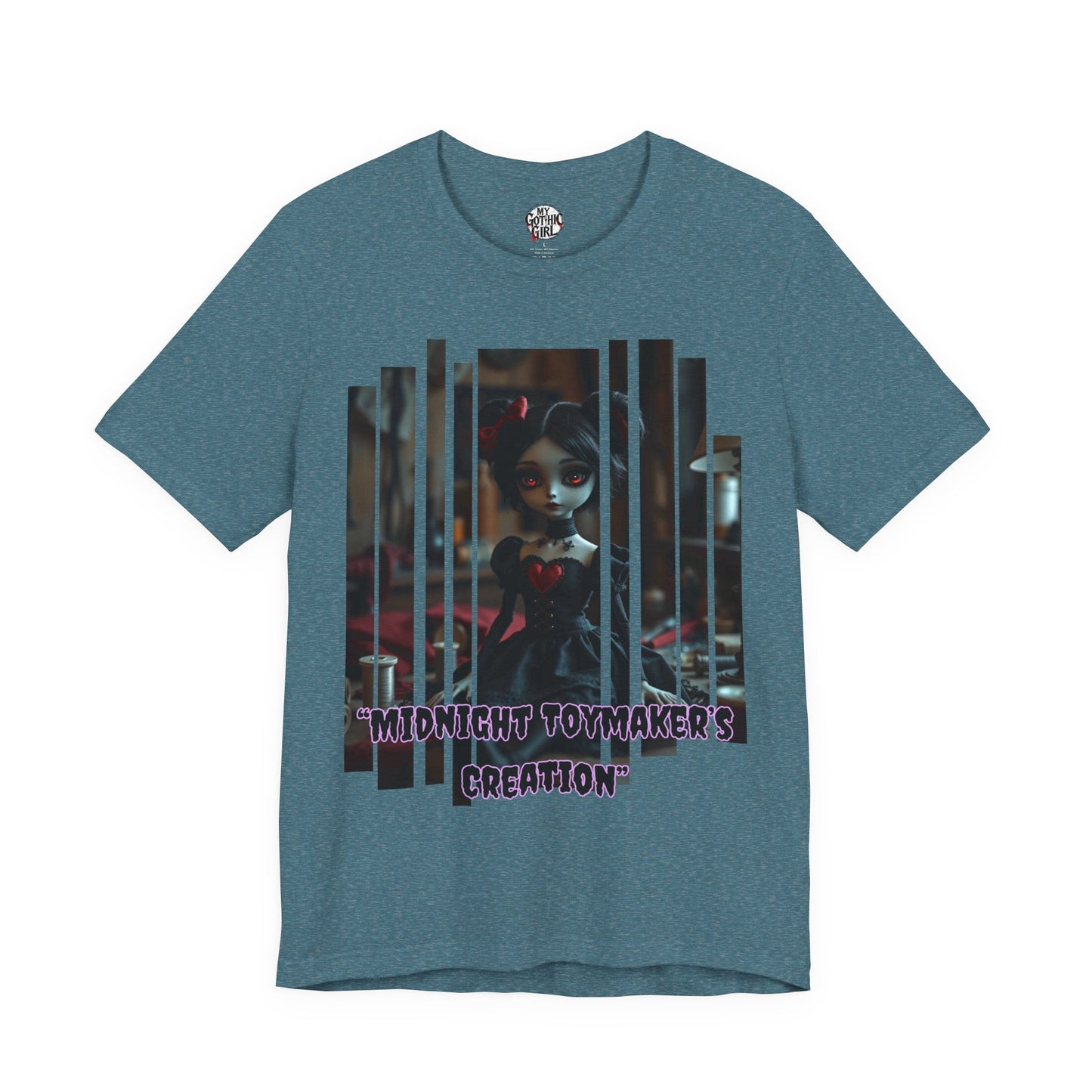 “Midnight Toy-maker's Creation” —hand-stitched Gothic doll Graphic T-Shirt – Alt Aesthetic Poetic Goth Street-wear