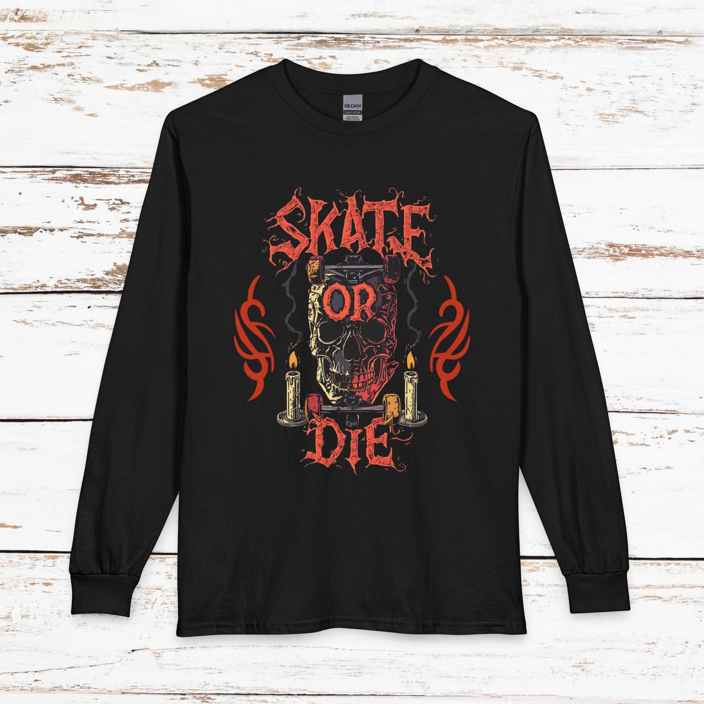Skate or Die Long Sleeve Shirt — Gothic Skull Skateboard Tee