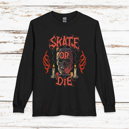 Skate or Die Long Sleeve Shirt — Gothic Skull Skateboard Tee