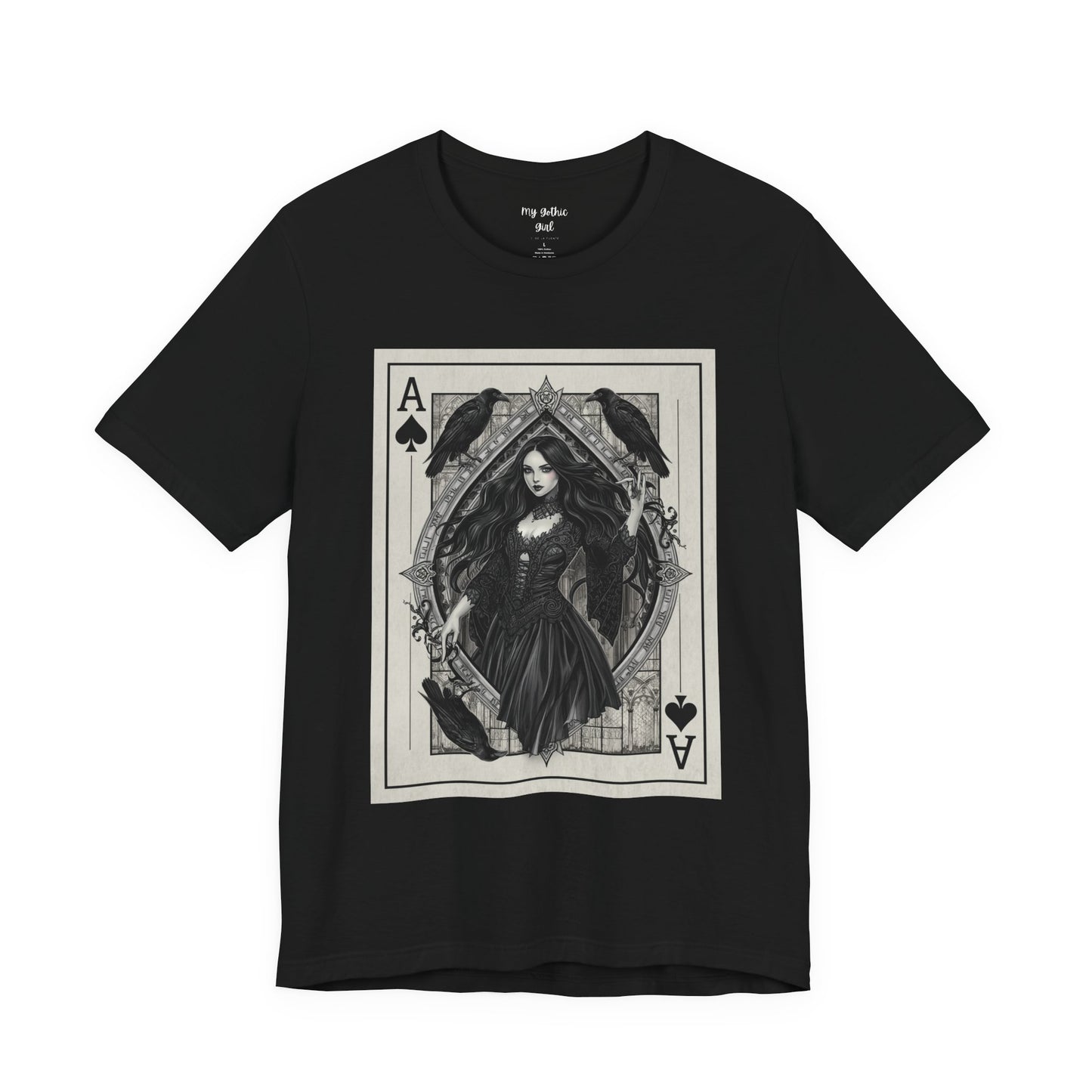 Ace of Spades Gothic Playing Card T‑Shirt — Dark Victorian Witch Illustration
