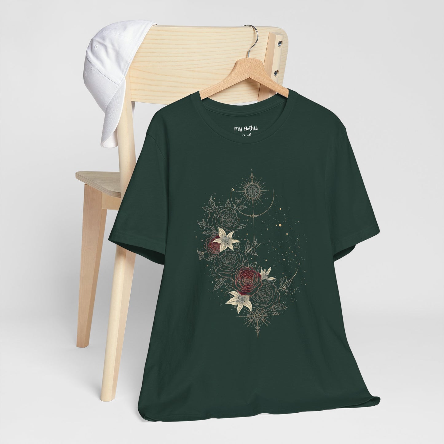 “Dark Floral Moon & Ornamental Geometry” T-Shirt Dark Floral Moon Ornamental Geometry Unisex Jersey Short Sleeve Tee