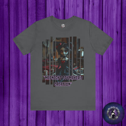 “Midnight Toy-maker's Creation” —hand-stitched Gothic doll Graphic T-Shirt – Alt Aesthetic Poetic Goth Street-wear