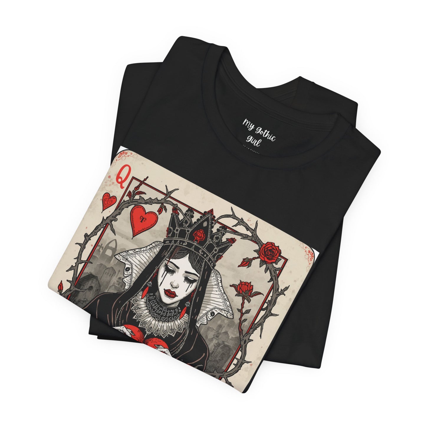 Queen of Hearts Playing Card T-Shirt — Gothic Rose Broken Heart Graphic Tee