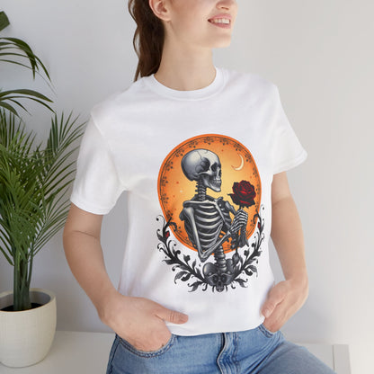 Mystical Gothic Skeleton and Black Rose Under Crescent Moon T-Shirt Design