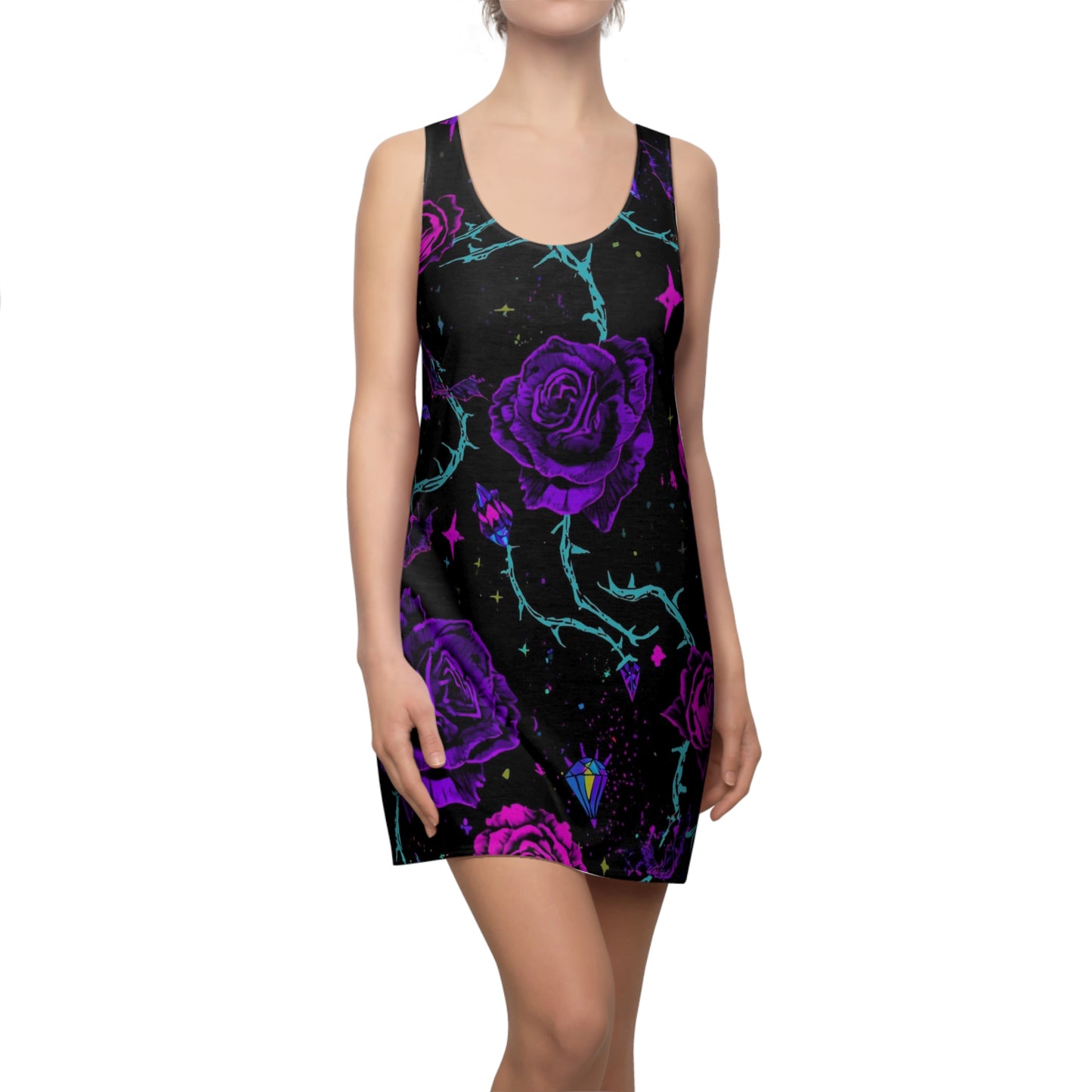 Purple Neon Rose Racerback Dress — Gothic Floral AOP Dress